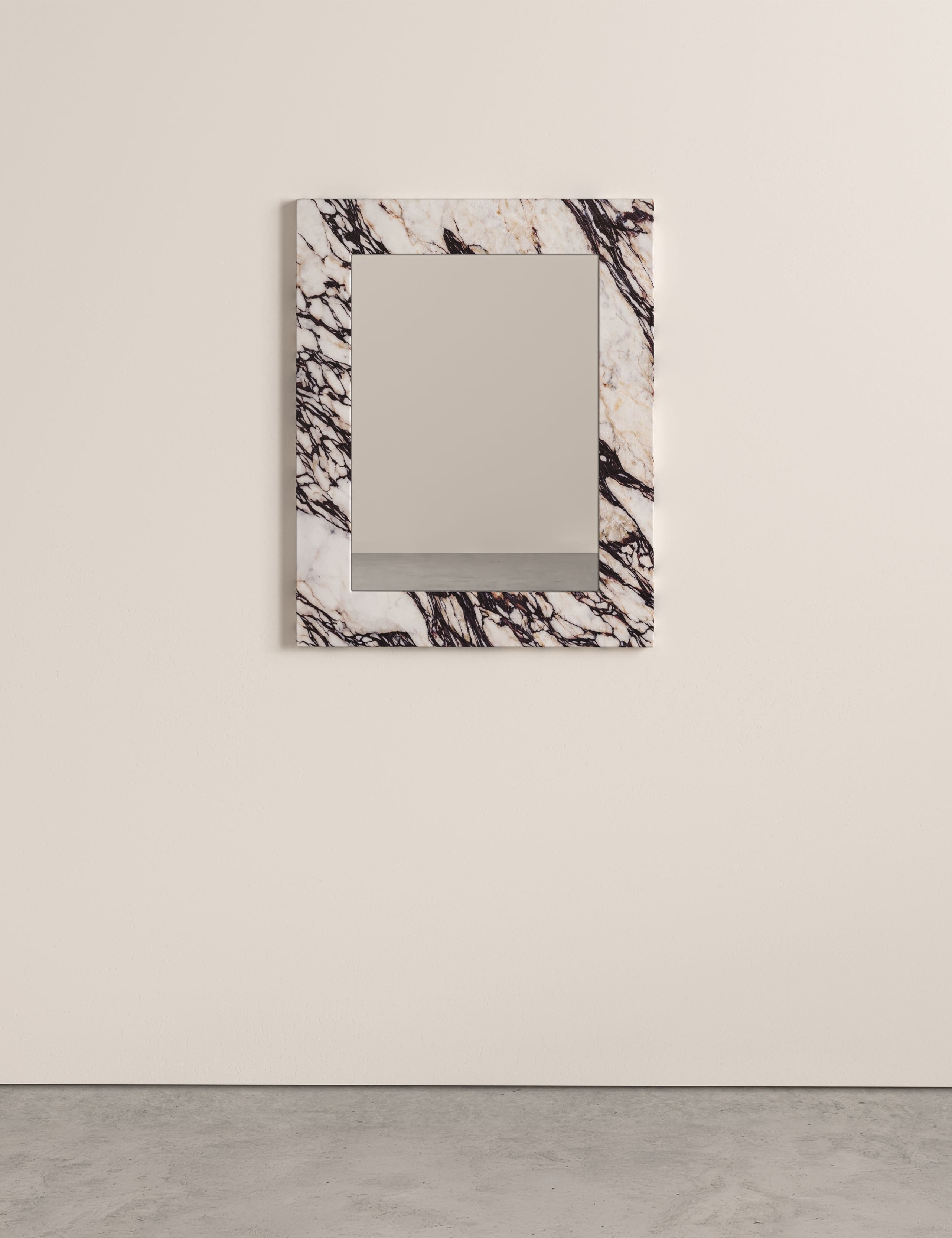 Opal square Calacatta Viola marble mirror with bold burgundy veining and sculptural marble frame.