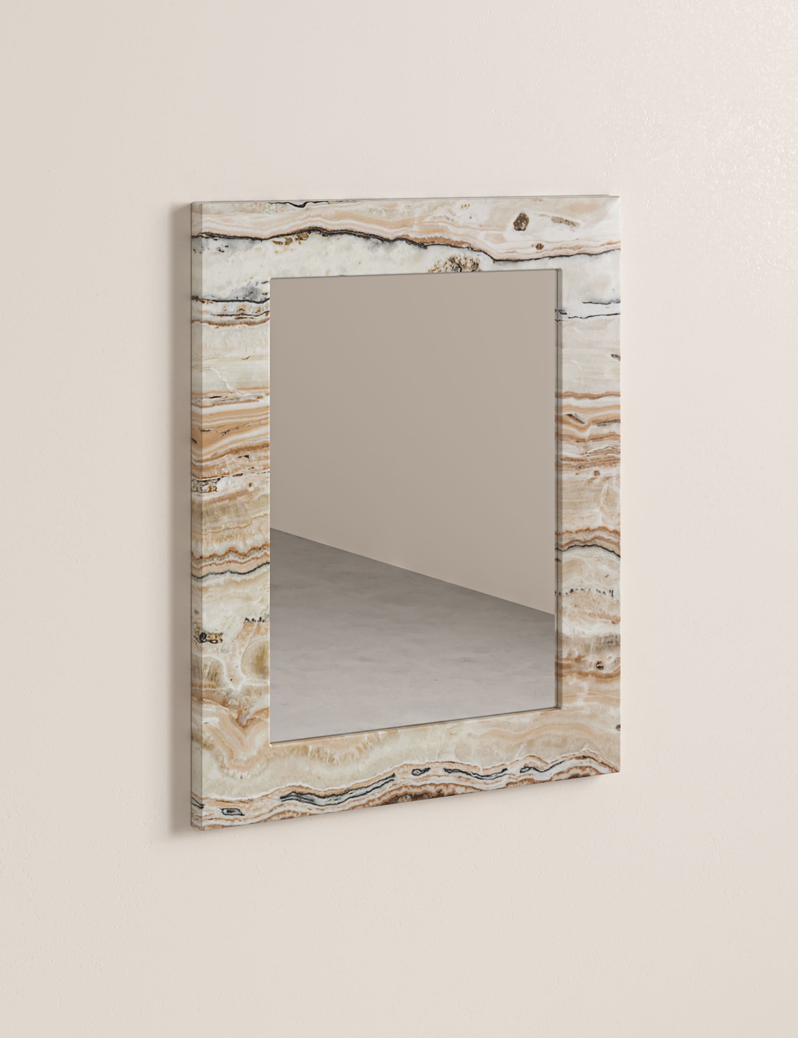 Opal wall mirror in Desert Linea Onyx with warm sandy tones and layered linear veining, sculptural natural stone mirror design