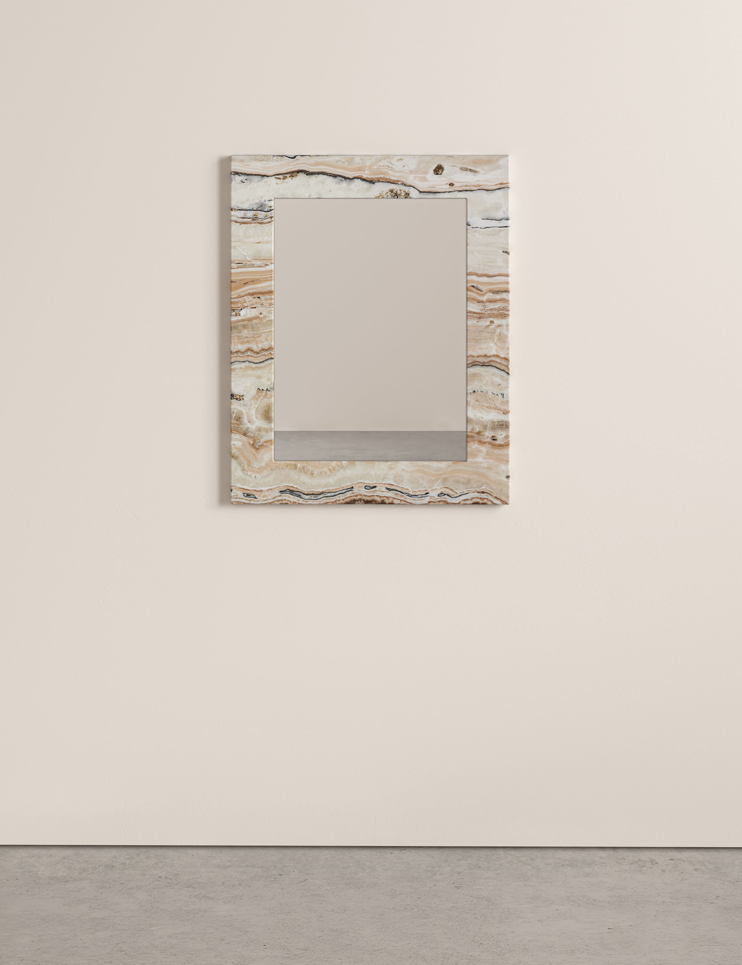 Opal Desert Linea Onyx wall mirror with square natural stone frame and warm beige linear veining